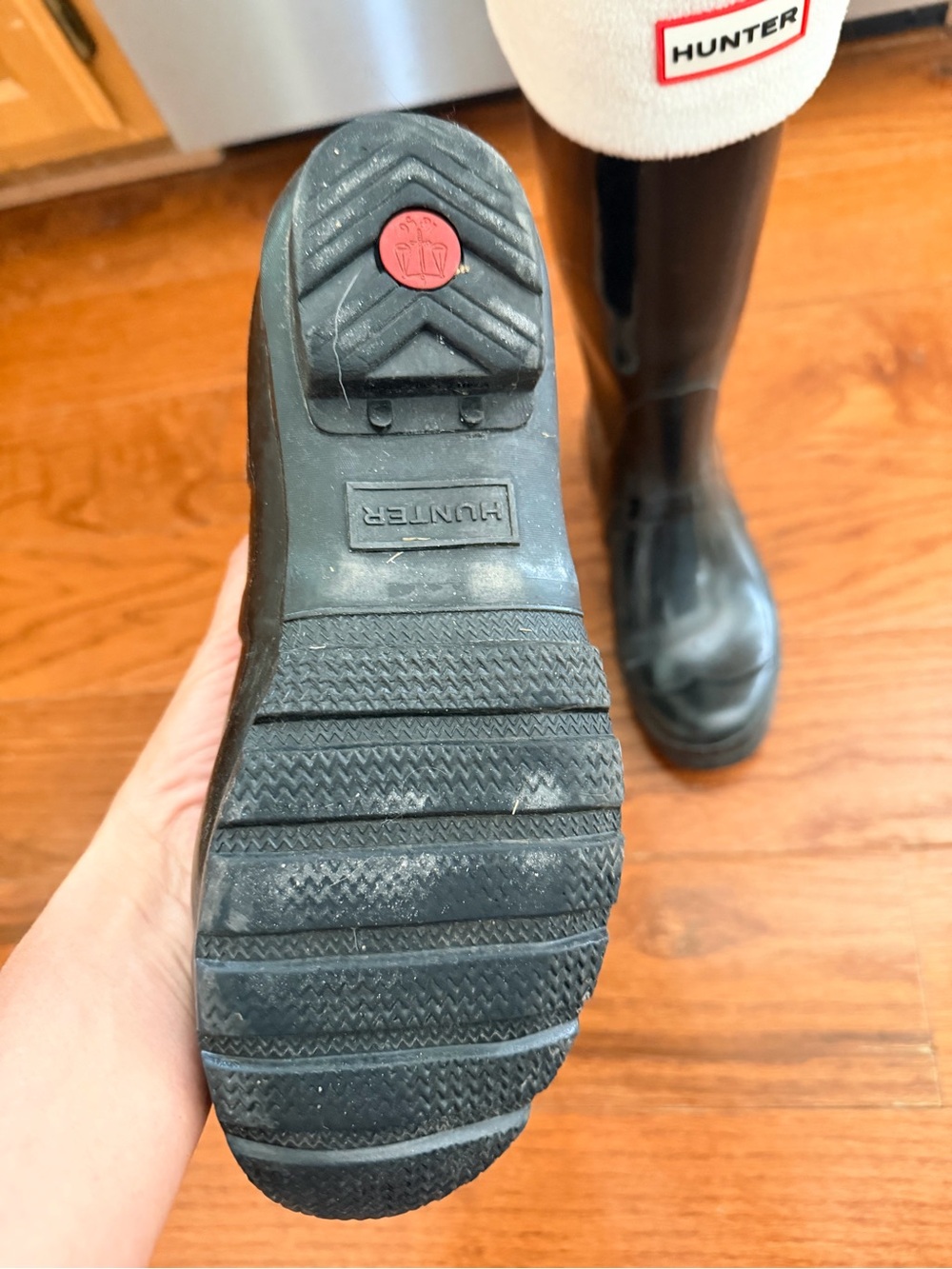 Hunter Black Rain Boots with Cream Fleece Cuffs - Picture 2 of 5